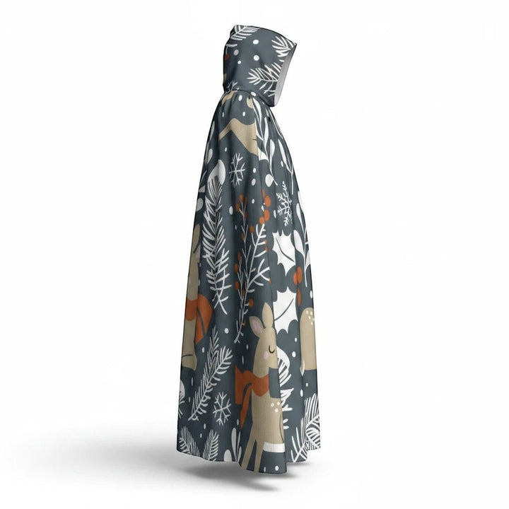 Sea Dragon Dreams hooded cloak in microfiber with a whimsical enchanted forest print featuring deer and winter foliage.
