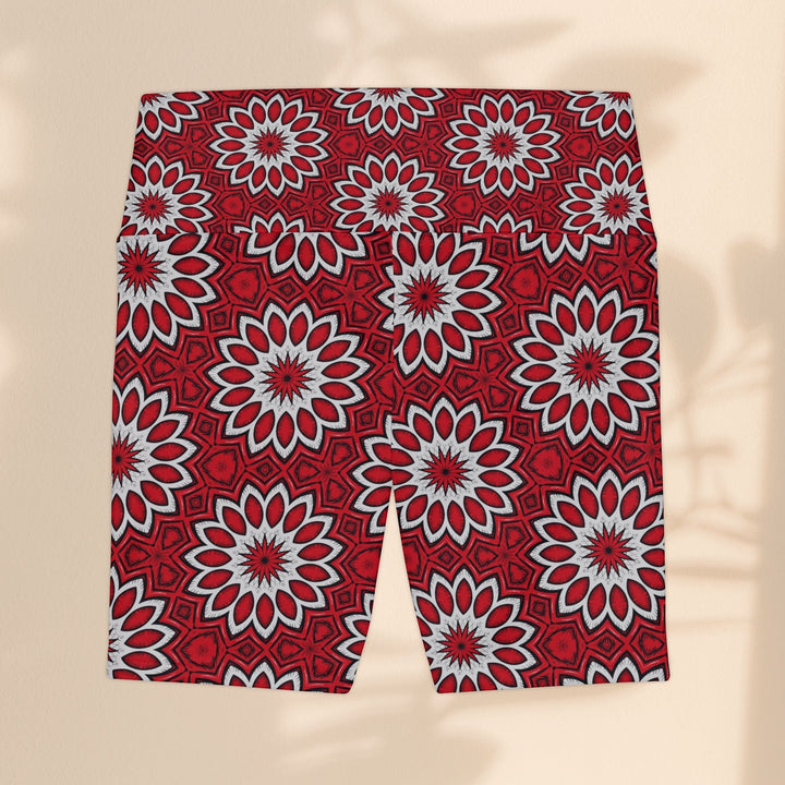 Sea Dragon Dreams Eternal Bloom workout shorts in red and white floral polyester fabric with a supportive high-waist fit.