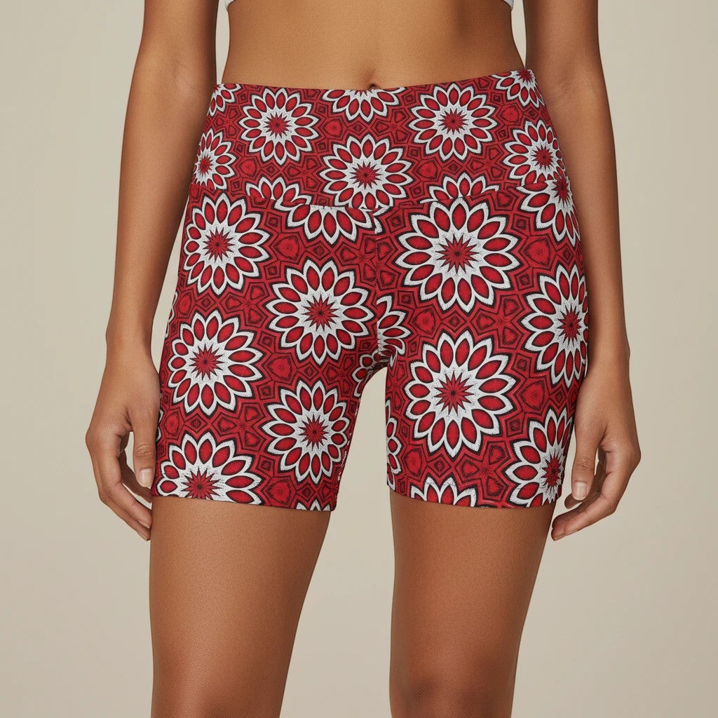 Sea Dragon Dreams Eternal Bloom workout shorts in red and white floral print, featuring a supportive high-waisted fit.
