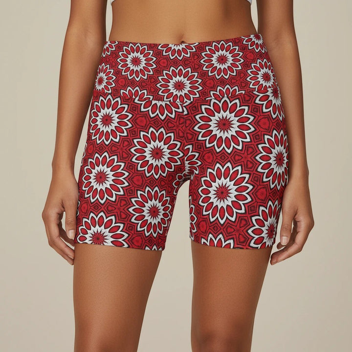 Sea Dragon Dreams Eternal Bloom workout shorts in red and white floral print, featuring a supportive high-waisted fit.