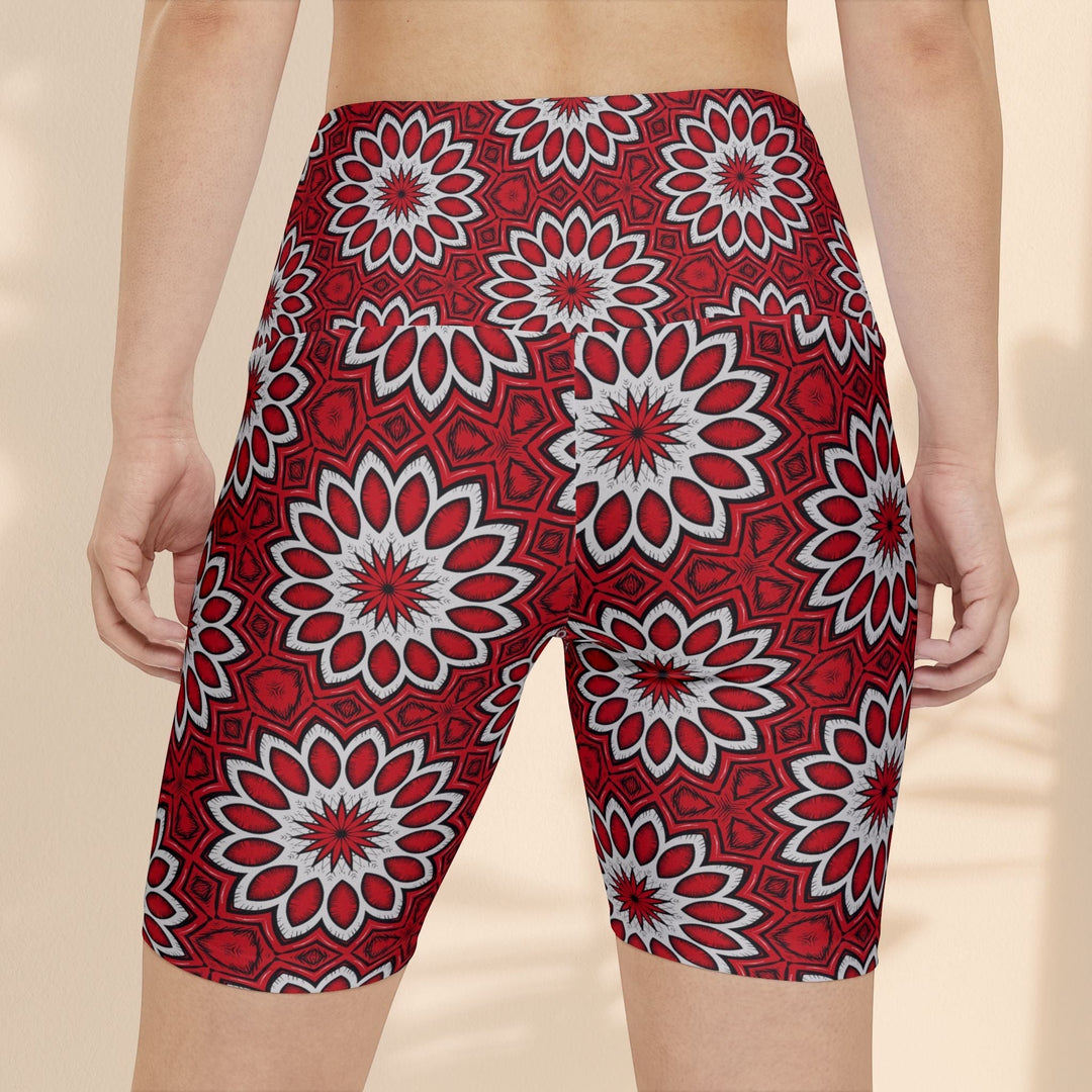 Sea Dragon Dreams Eternal Bloom workout shorts with a vibrant red and white floral pattern on polyester fabric.