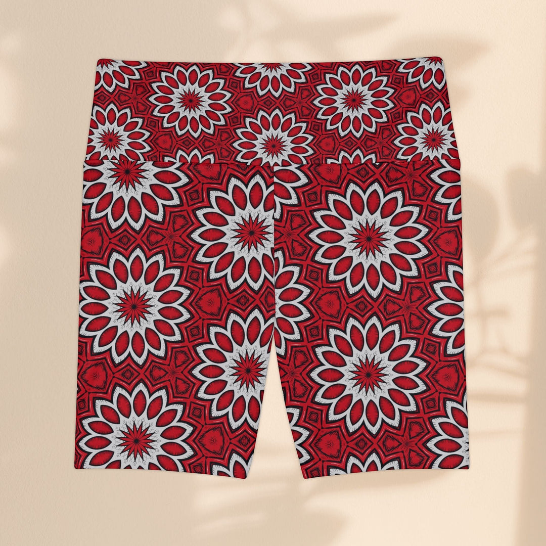 Sea Dragon Dreams Eternal Bloom workout shorts in red and white floral polyester fabric with a supportive high-waist fit.