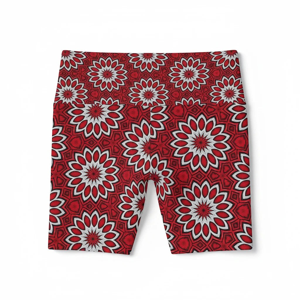 Sea Dragon Dreams Eternal Bloom workout shorts in red and white floral polyester fabric for athletic performance.