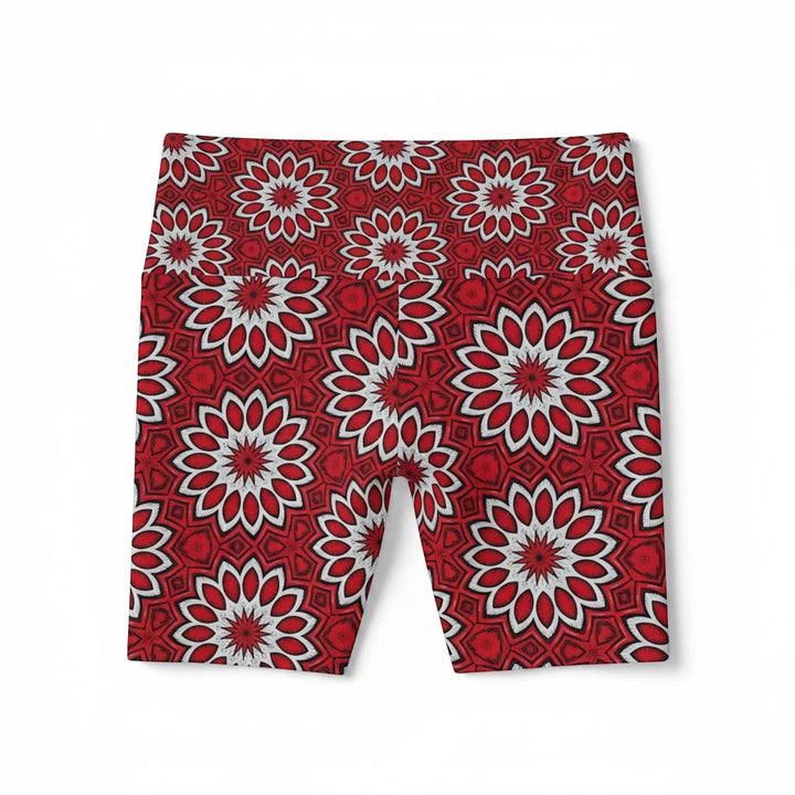 Sea Dragon Dreams Eternal Bloom workout shorts in red and white floral polyester fabric for athletic performance.