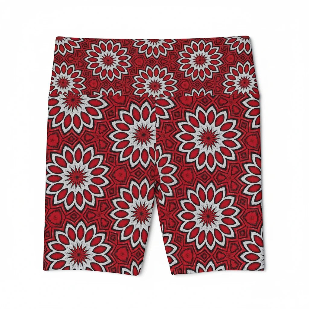 Sea Dragon Dreams Eternal Bloom workout shorts in red and white floral pattern, made from 4-way stretch polyester.