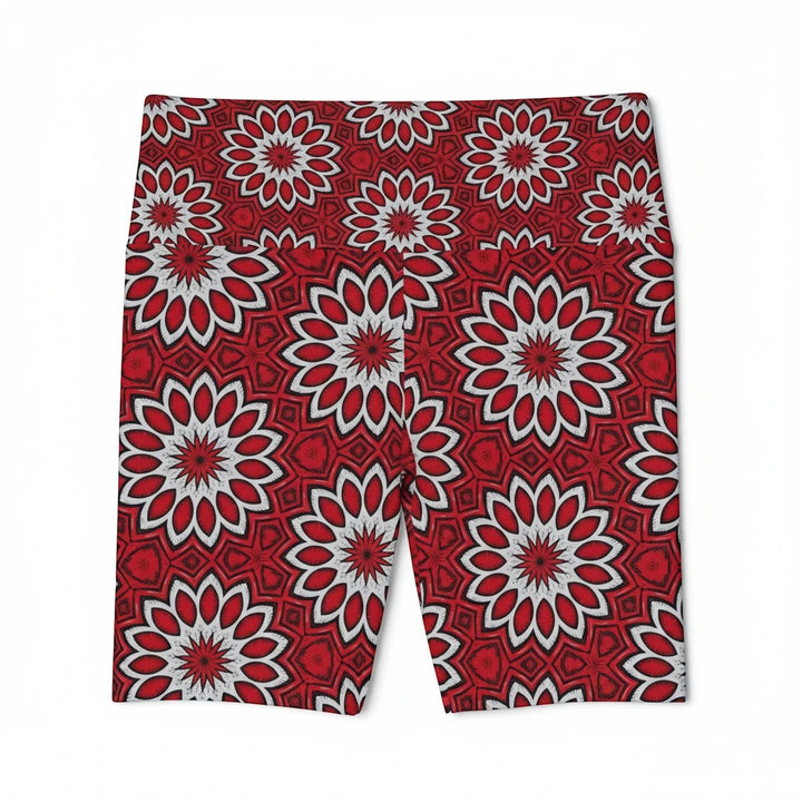 Sea Dragon Dreams Eternal Bloom workout shorts in red and white floral pattern, made from 4-way stretch polyester.