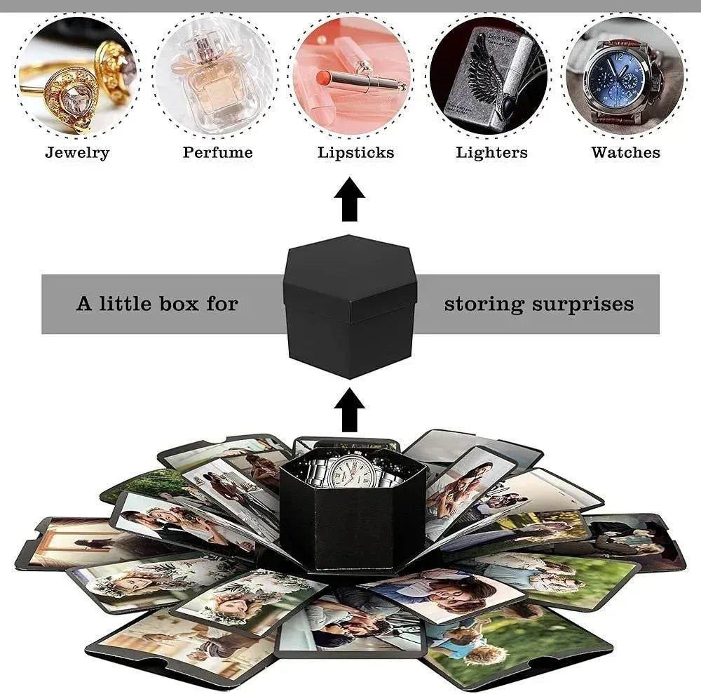 Sea Dragon Dreams black explosion gift box with open layers displaying photos and a central compartment for small gifts