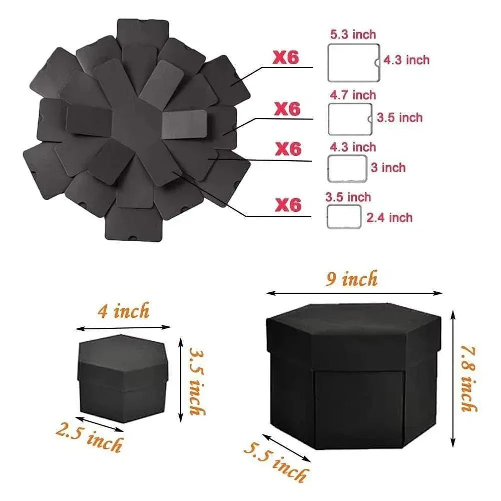 Sea Dragon Dreams black explosion photo box showing dimensions and hexagonal layers for DIY memory scrapbooking.