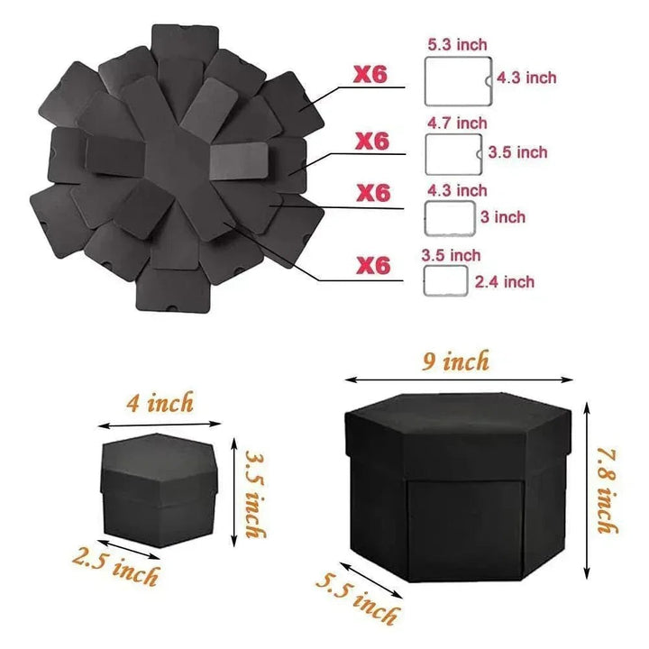 Sea Dragon Dreams black explosion photo box showing dimensions and hexagonal layers for DIY memory scrapbooking.
