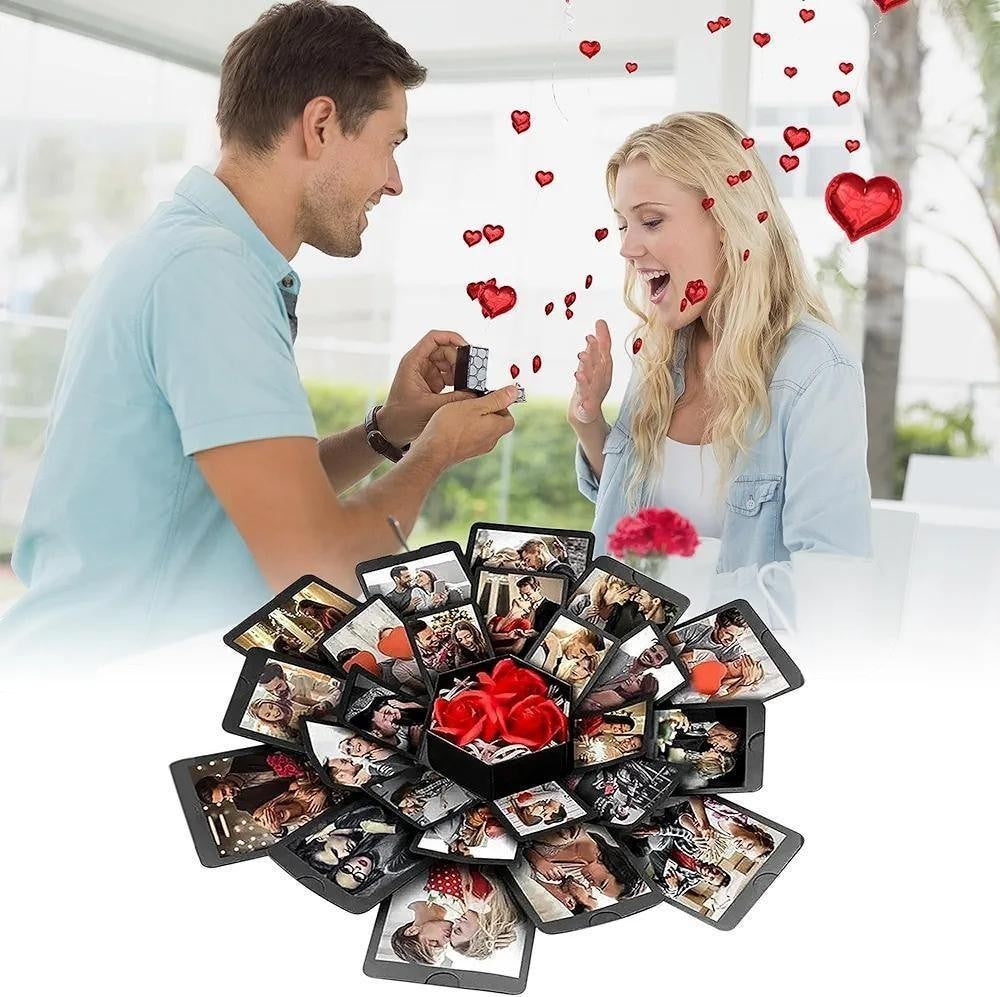 Sea Dragon Dreams black DIY explosion photo box with red roses, open to display memories for a romantic gift surprise.