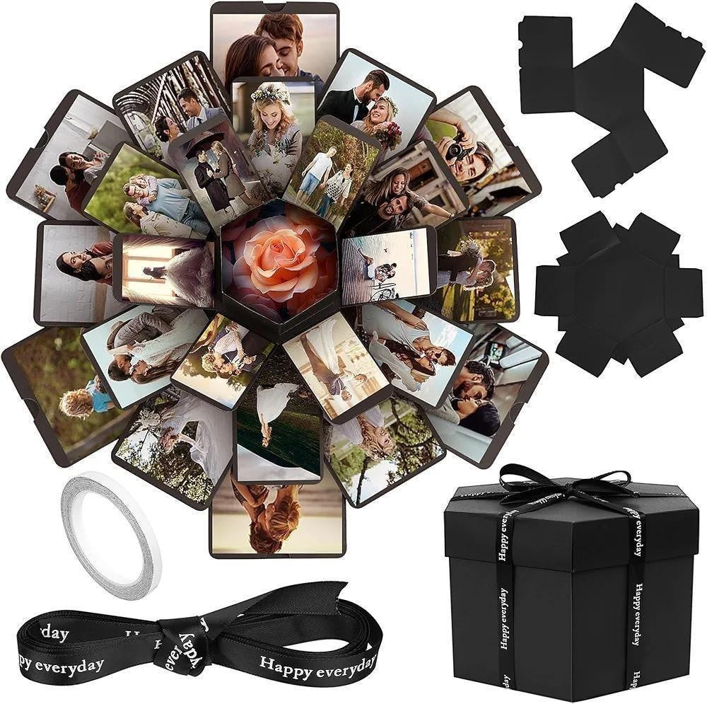 Sea Dragon Dreams black DIY explosion photo box with blossom design, filled with memories and a central rose gift.