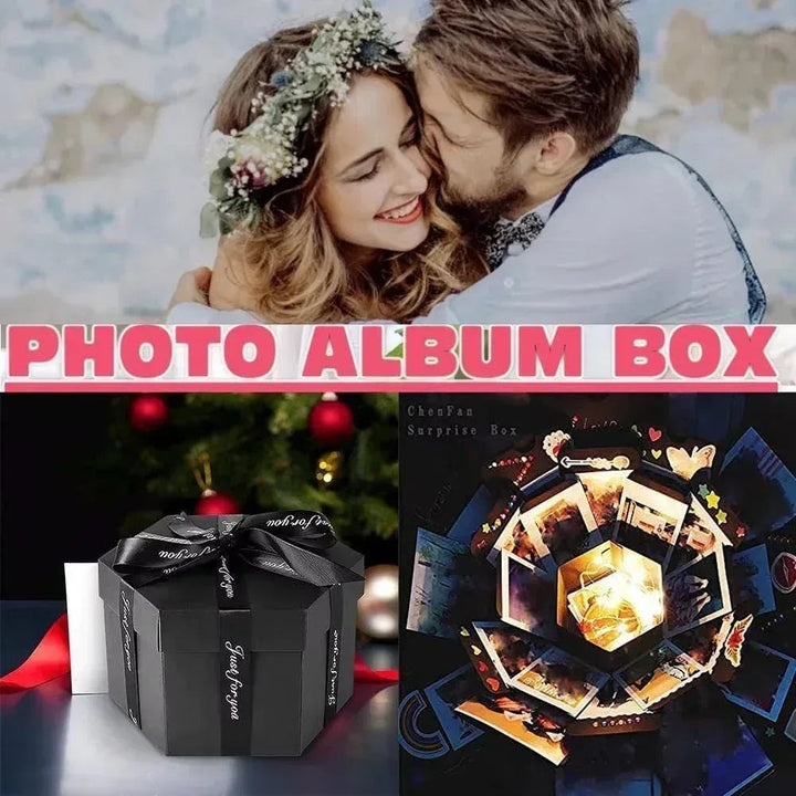 Sea Dragon Dreams personalized black explosion photo box gift with pop-up memory layers and decorative ribbon