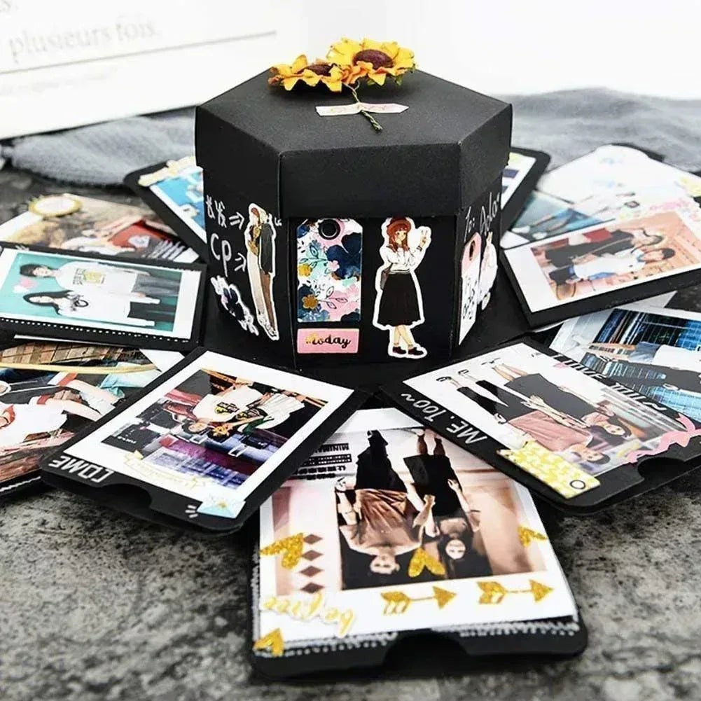 Sea Dragon Dreams black DIY explosion photo box scrapbook with sunflower topper and decorated memory pages