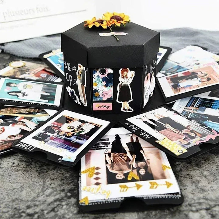 Sea Dragon Dreams black DIY explosion photo box scrapbook with sunflower topper and decorated memory pages