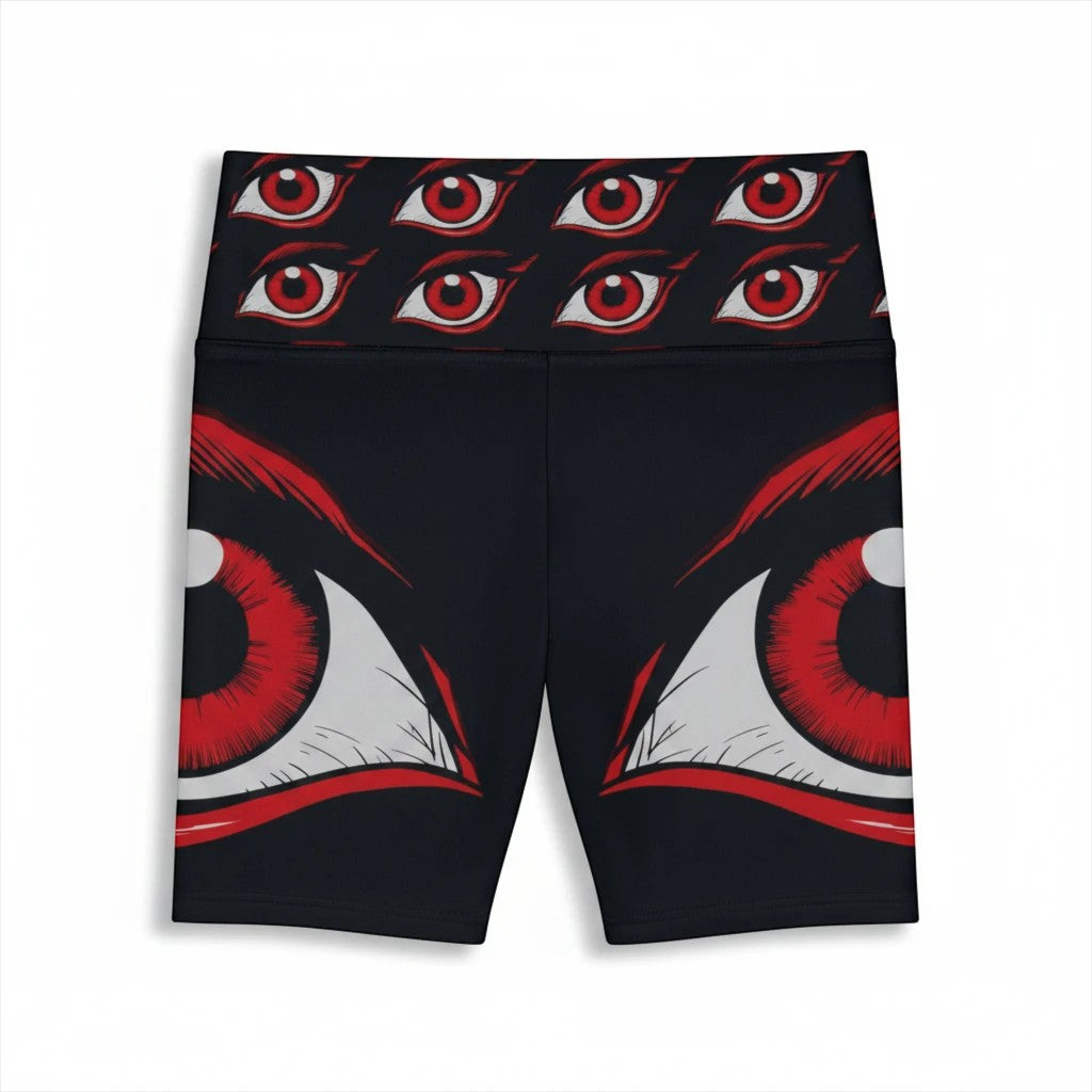 Sea Dragon Dreams I'm Watching workout shorts in black with a red eye print pattern and high waistband.
