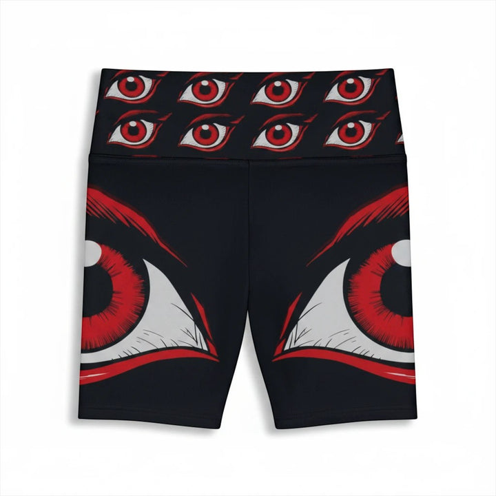 Sea Dragon Dreams I'm Watching workout shorts in black with a red eye print pattern and high waistband.