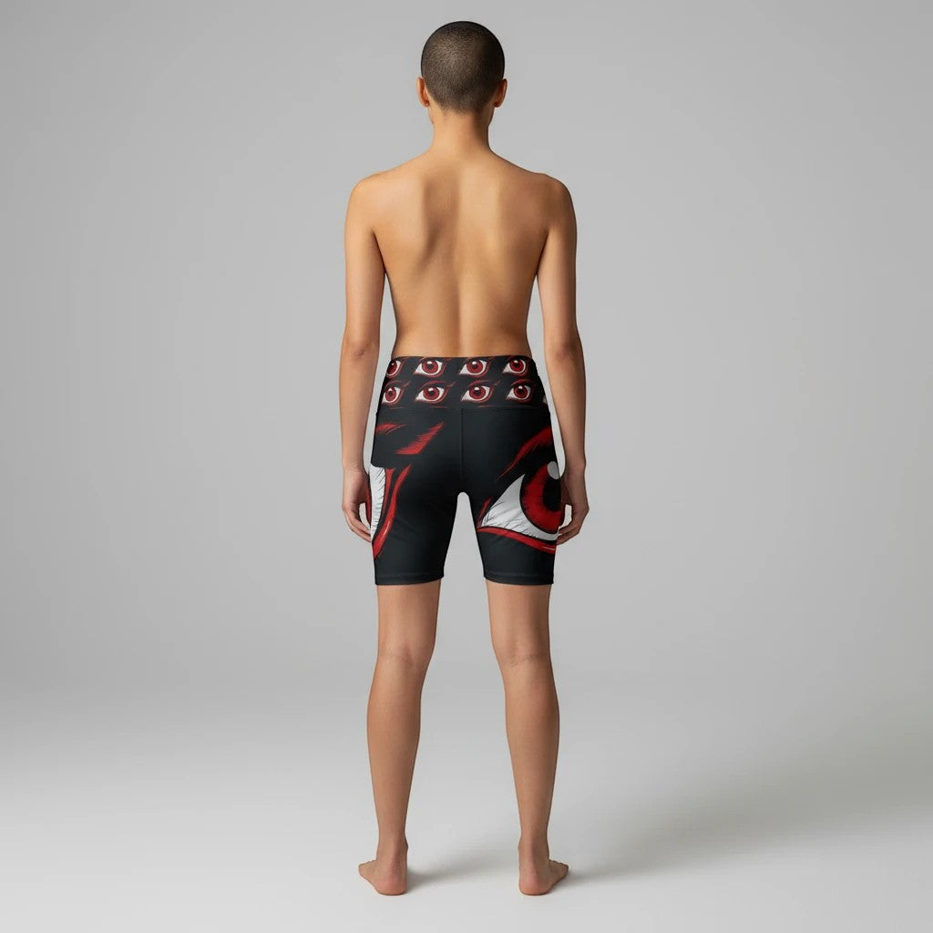 Sea Dragon Dreams women's workout shorts with a black and red eye print, featuring a longer cut for active wear.