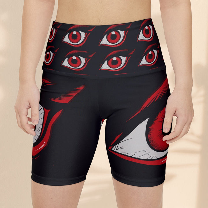 Sea Dragon Dreams workout shorts in black with a red eye pattern, featuring a high-waisted fit and polyester fabric.