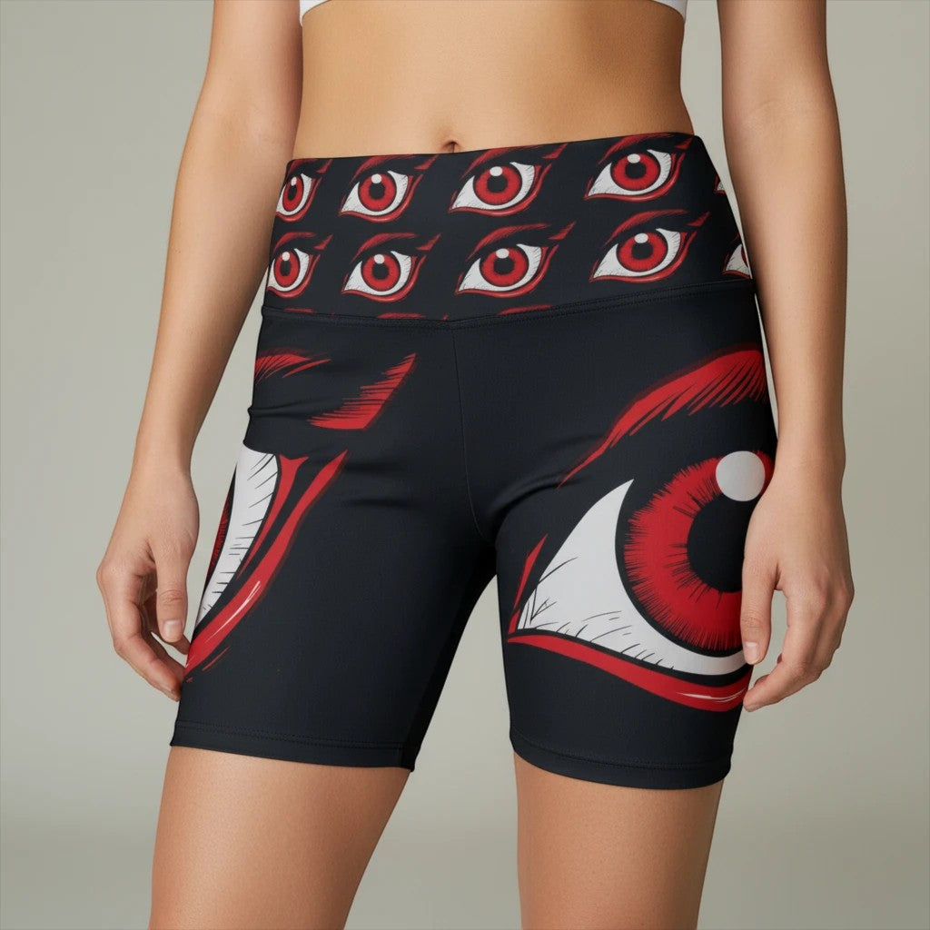 Sea Dragon Dreams women's black workout shorts featuring a red and white eye pattern, made from polyester.