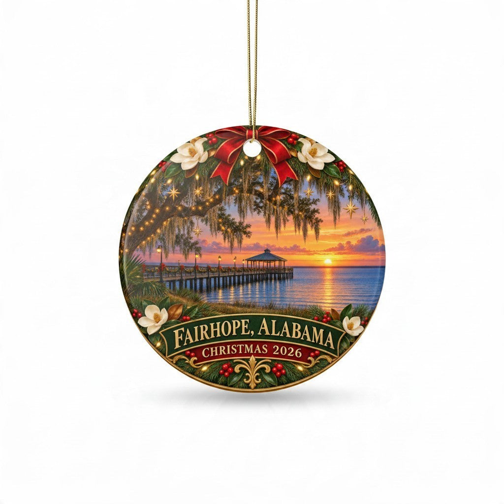 Sea Dragon Dreams ceramic Christmas ornament featuring a Fairhope Alabama pier sunset scene with magnolia flowers.
