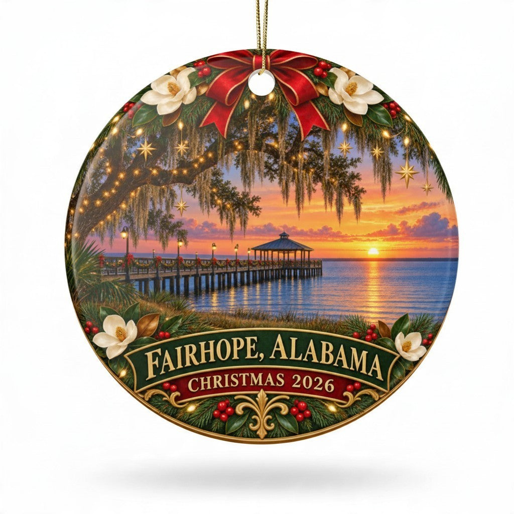 Sea Dragon Dreams ceramic ornament featuring a Fairhope Alabama pier sunset, magnolia flowers, and Christmas 2026 text