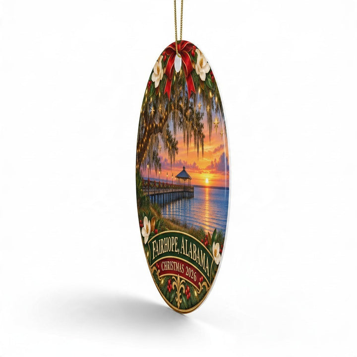 Sea Dragon Dreams ceramic Christmas ornament featuring a Fairhope Alabama pier sunset scene with magnolia flowers
