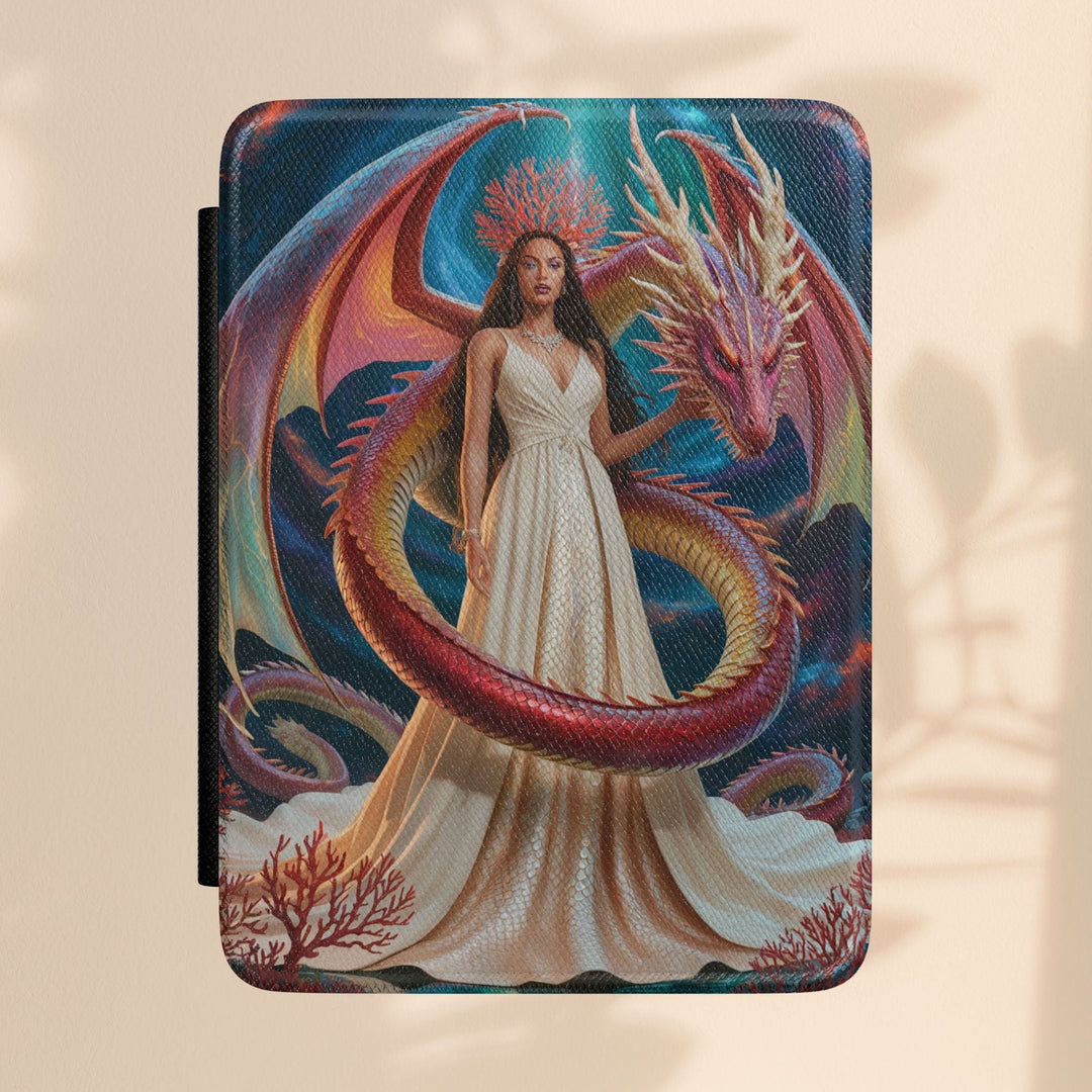 Sea Dragon Dreams Kindle case featuring fantasy artwork of a woman in a white dress with a majestic dragon guardian.