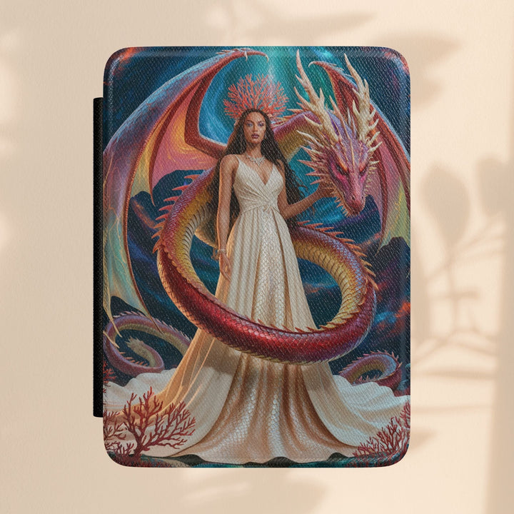 Sea Dragon Dreams Kindle case featuring fantasy artwork of a woman in a white dress with a majestic dragon guardian.