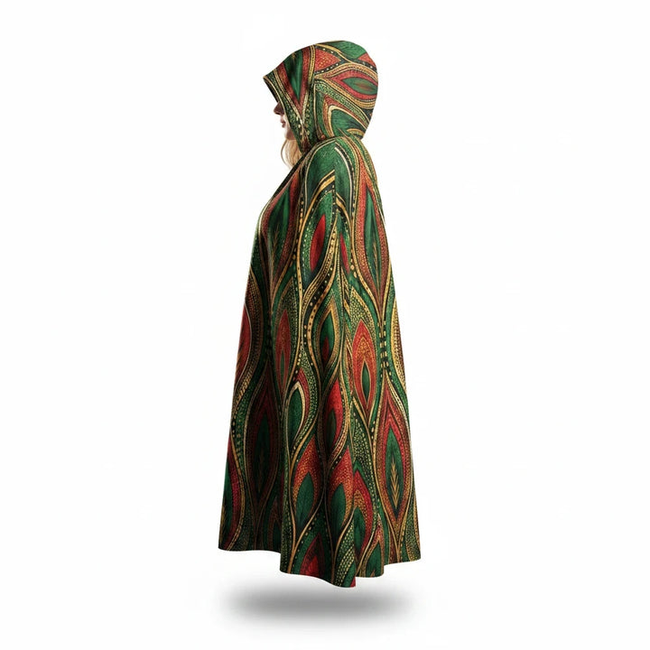 Sea Dragon Dreams unisex hooded cloak in green, red, and gold festive holiday print made from smooth scuba fabric.