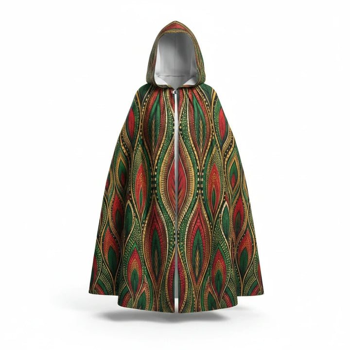 Sea Dragon Dreams unisex hooded cloak in scuba fabric with a festive red, green, and gold patterned holiday design.