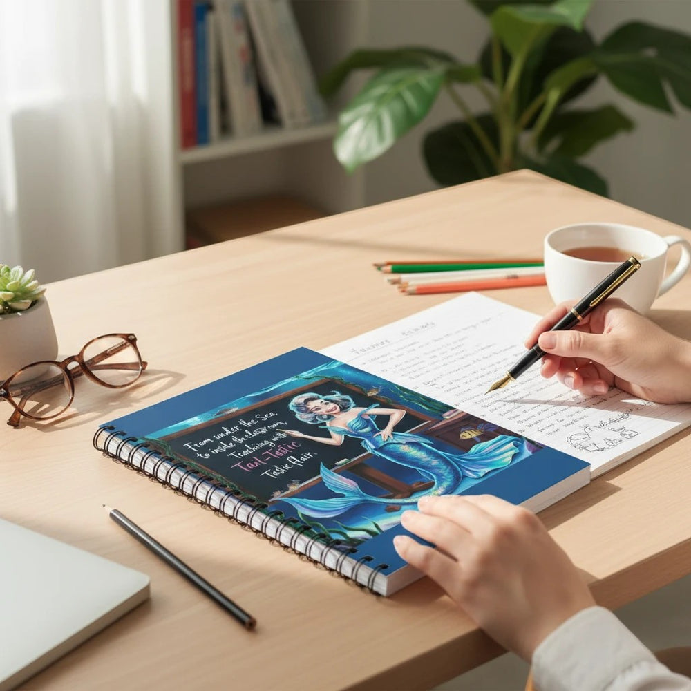 Sea Dragon Dreams Fintastic Teacher spiral notebook with mermaid illustration on a desk with a pen and glasses.