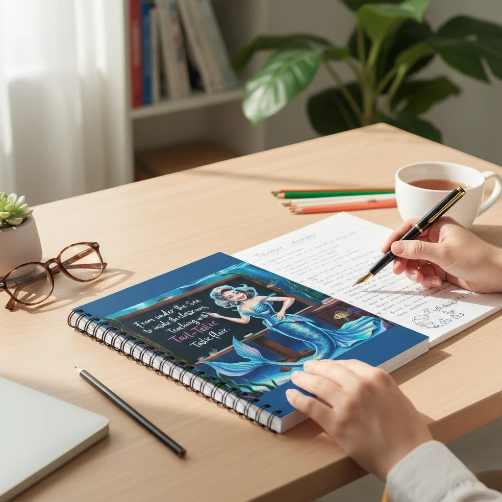 Sea Dragon Dreams Fintastic Teacher spiral notebook with mermaid illustration on a desk with a pen and glasses.