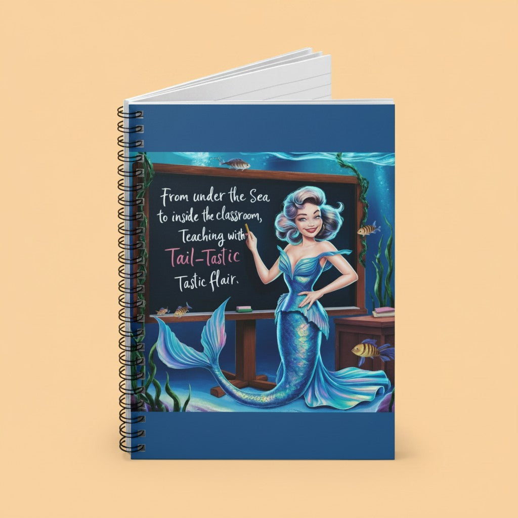 Sea Dragon Dreams Fintastic Teacher spiral notebook with a mermaid teacher illustration on a blue cover.