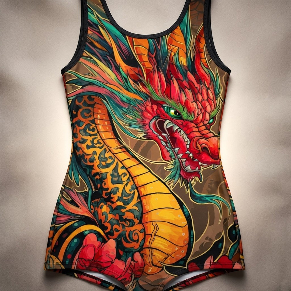 Sea Dragon Dreams one-piece swimsuit featuring a vibrant, colorful fire-breathing dragon print on stretchy fabric.