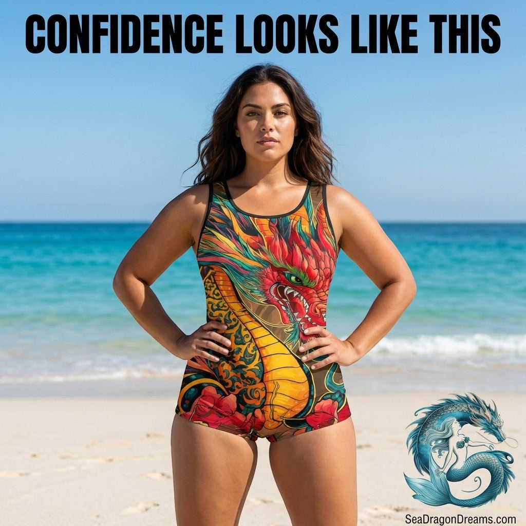 Woman wearing a Sea Dragon Dreams one-piece swimsuit with a vibrant fire dragon print on a sunny beach.