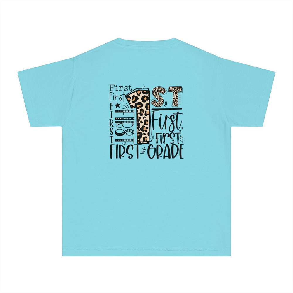 Sea Dragon Dreams light blue kids t-shirt with a First Grade leopard print graphic on the back