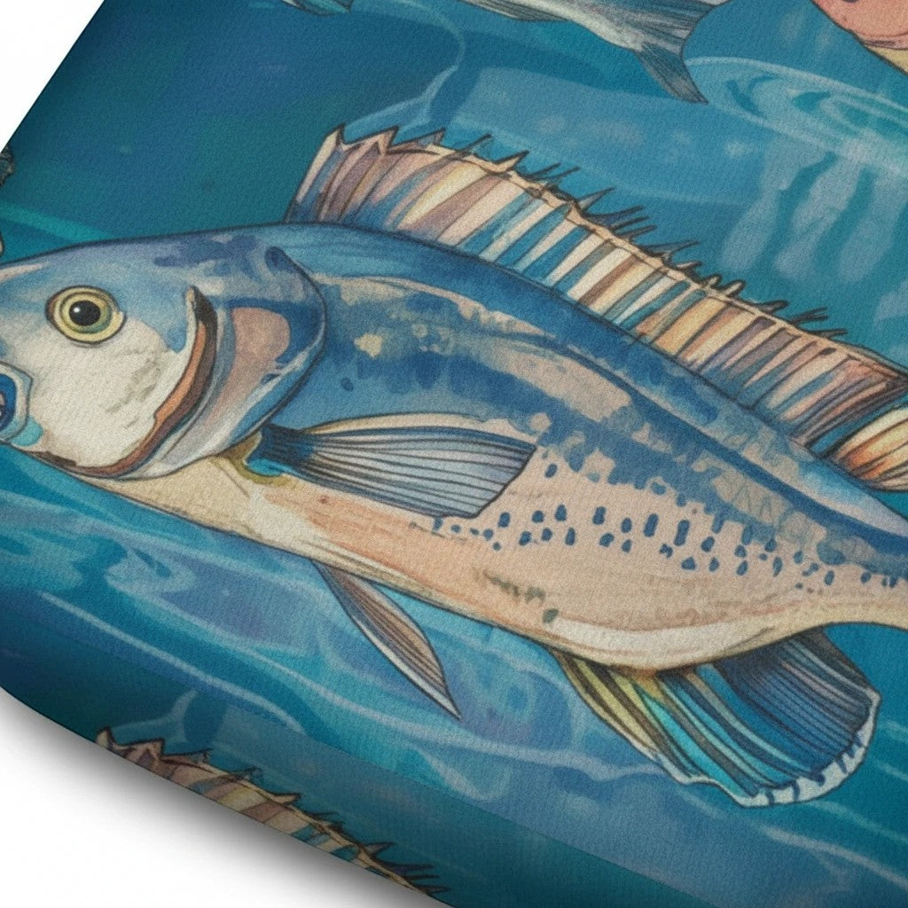 Sea Dragon Dreams plush car seat cover featuring a detailed blue fish illustration on a water-themed background.