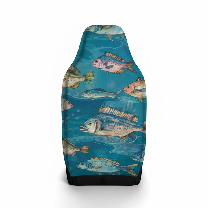 Sea Dragon Dreams plush car seat cover featuring a vibrant blue underwater fish pattern and thickened microfiber back