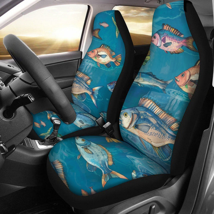 Sea Dragon Dreams car seat covers featuring a blue underwater fish pattern made of plush and microfiber fabric