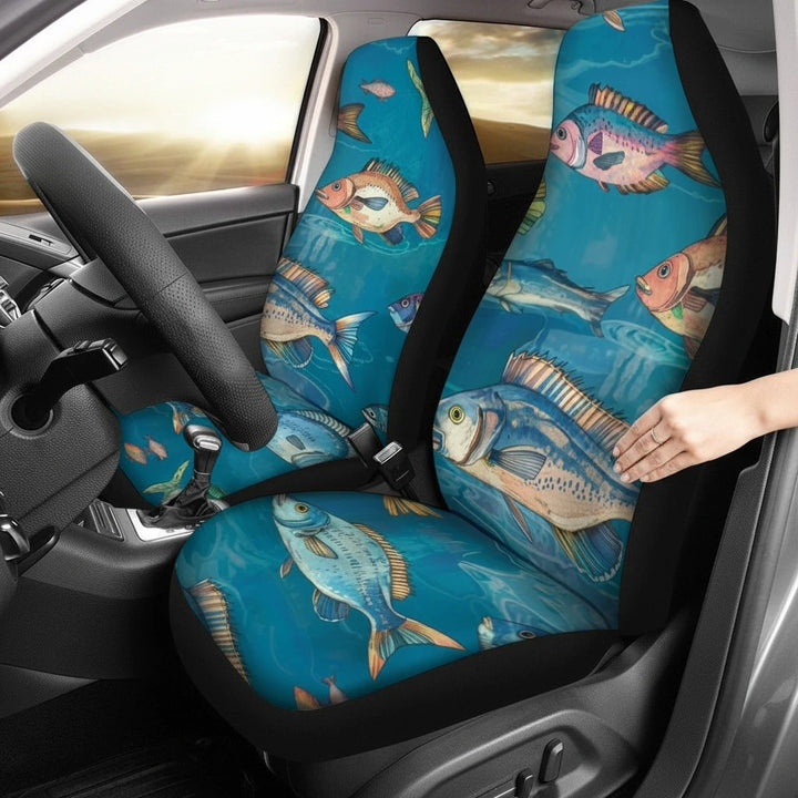 Sea Dragon Dreams universal car seat covers featuring a vibrant blue fish pattern on plush microfiber fabric