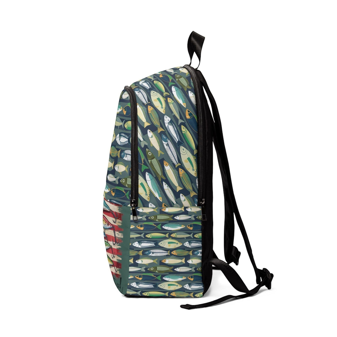 Sea Dragon Dreams unisex nylon backpack featuring a playful fish pattern and fishing line design in a side view