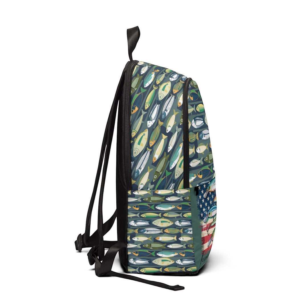 Sea Dragon Dreams unisex backpack in water-resistant nylon with a playful fish pattern and American flag detail.