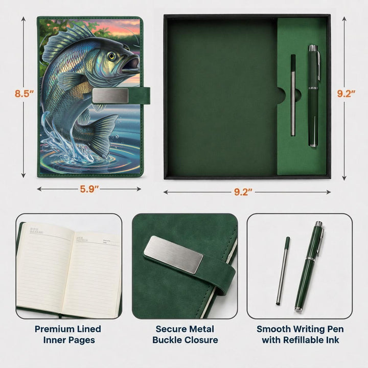 Sea Dragon Dreams Fisherman's Delight notebook gift set with metal pen, featuring fishing artwork and buckle closure.