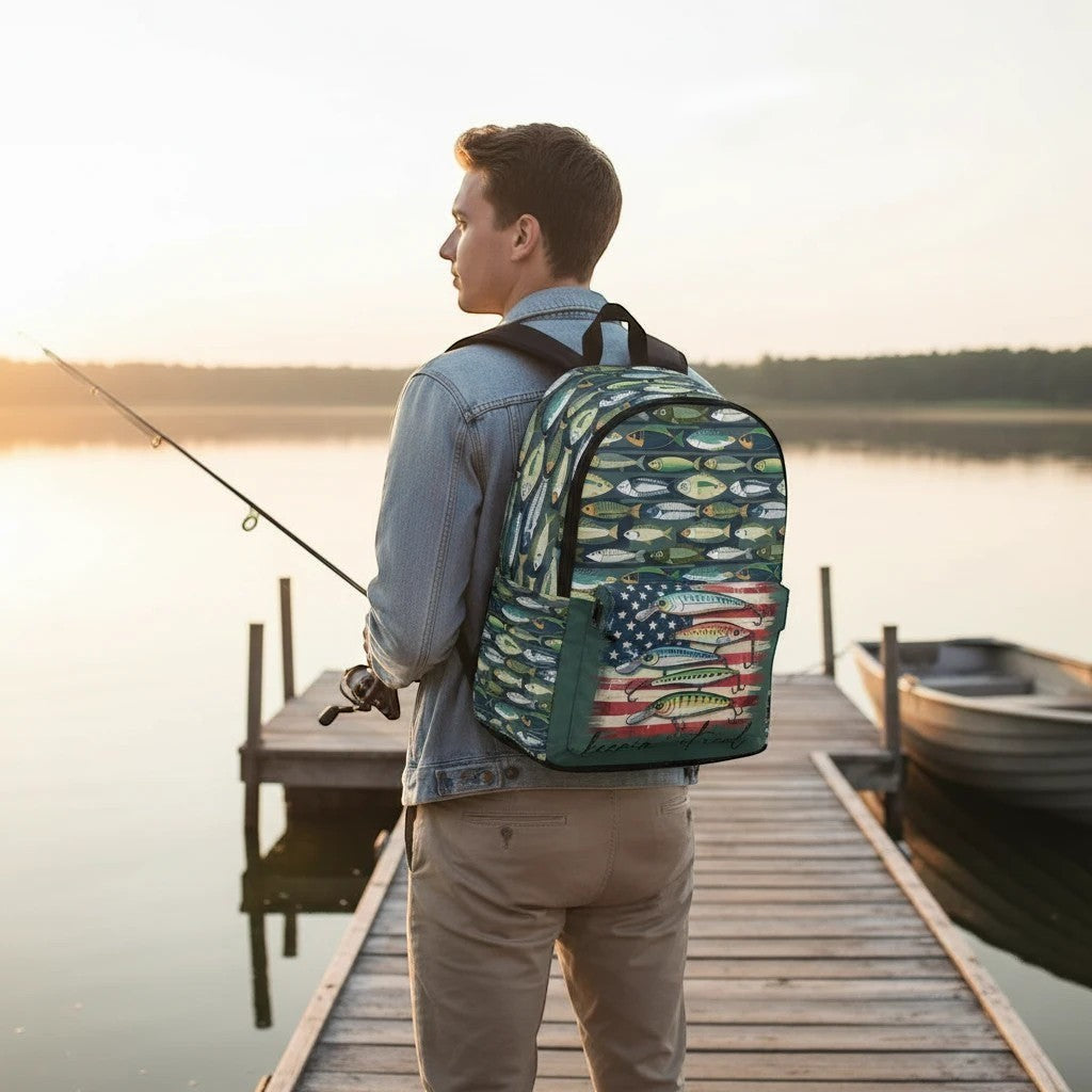 Sea Dragon Dreams unisex backpack with fishing line pattern and American flag detail worn by a man on a dock.