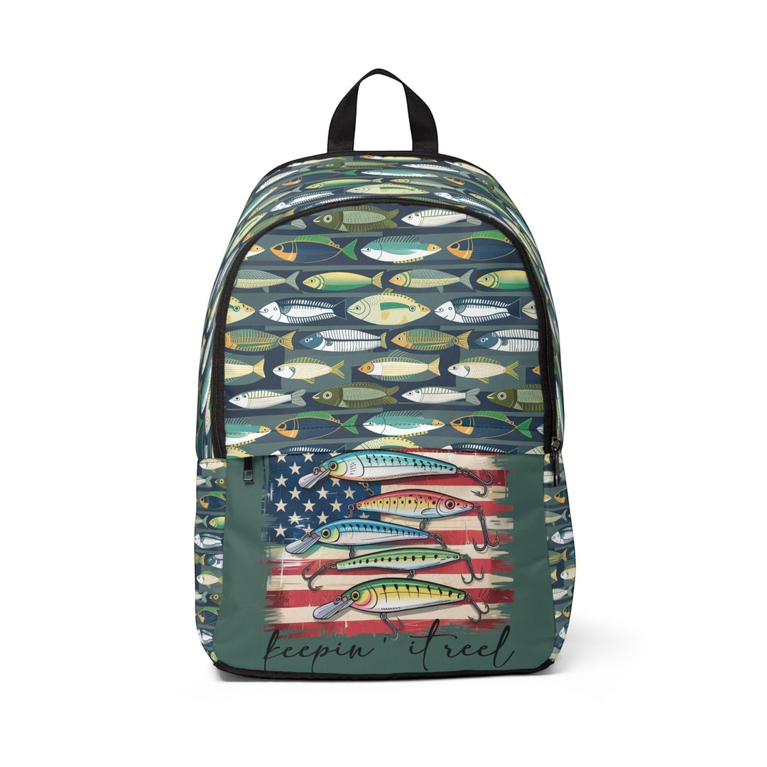 Sea Dragon Dreams unisex backpack featuring a fish pattern and a fishing lure design with an American flag graphic.