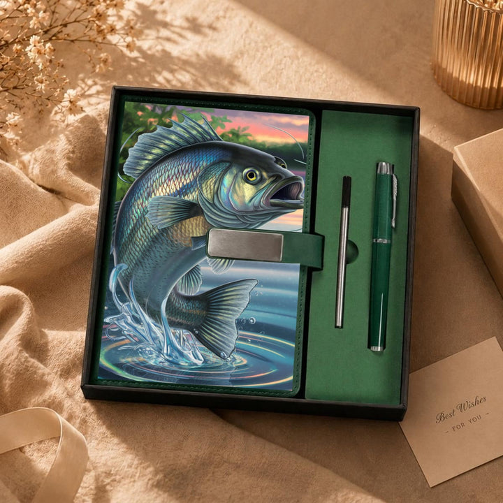 Sea Dragon Dreams Fisherman's Delight notebook gift set featuring a jumping fish illustration and matching metal pen.