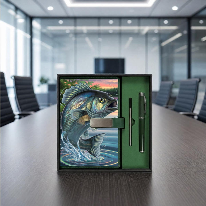 Sea Dragon Dreams Fisherman's Delight notebook and metal pen gift set featuring a jumping bass fish illustration