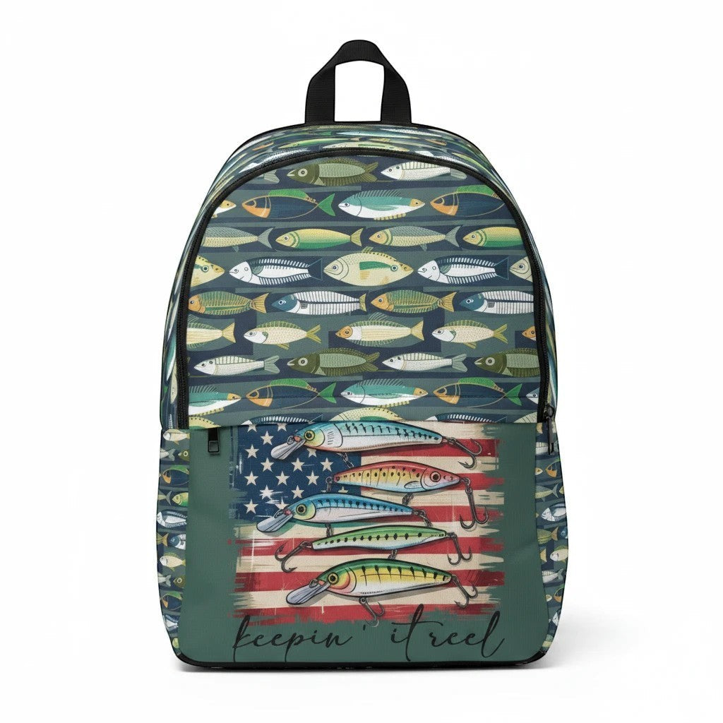 Sea Dragon Dreams unisex nylon backpack featuring a fish pattern and a fishing lure design over an American flag.
