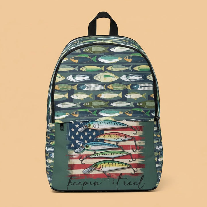 Sea Dragon Dreams unisex nylon backpack with a fish pattern and American flag fishing lure graphic design.