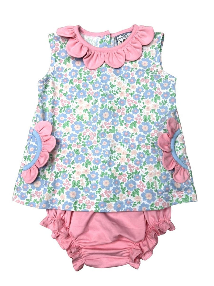Sea Dragon Dreams baby bloomer set with floral top, pink ruffled neckline, and matching pink ruffled bloomers.